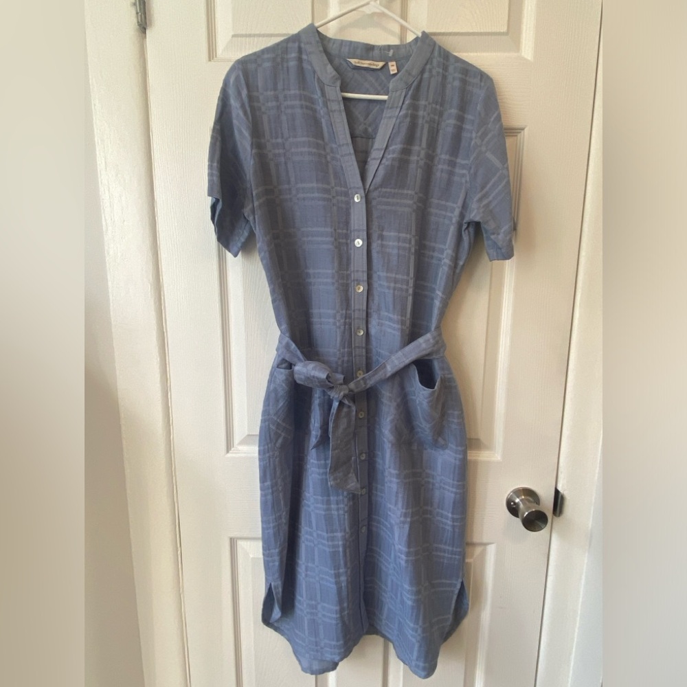 Soft Blue Button-Front Shirt Dress with Tie Waist